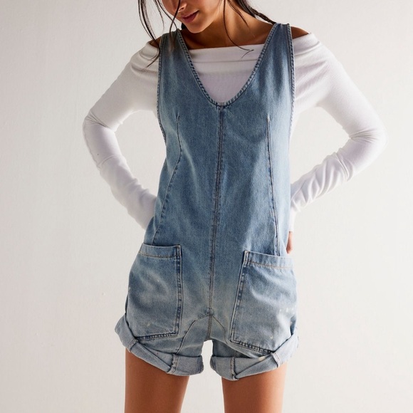 Free People Denim - Free People We The Free Shortall Romper in Bright Eyes Blue Denim Size L